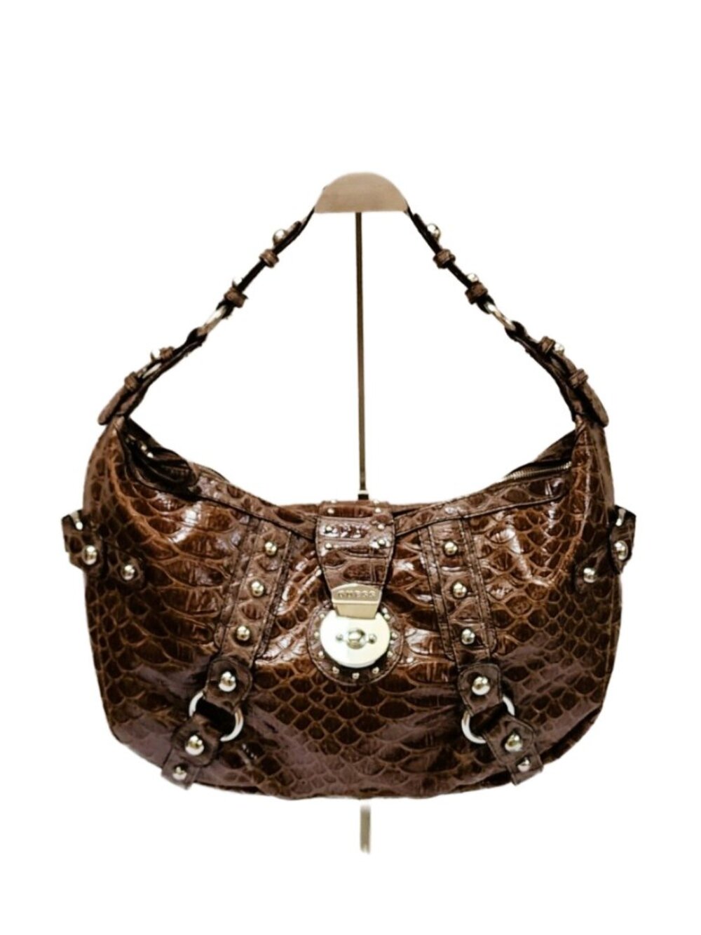 VNTG Y2K Guess Crete Glossy Brown Patent Croc Hobo Shoulder Bag McBling SS706601
